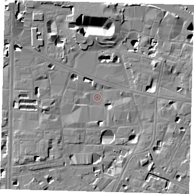Shaded relief map of the ground around SE10NA, computed from Environment Agency LiDAR. The ground here sits at about 3 m above sea level and falls 16 m across the surrounding 800 m. Surface water reaching this point runs off ground lying to the south-east, 5.6 m higher.