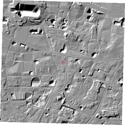 Shaded relief map of the ground around SE10NE, computed from Environment Agency LiDAR. The ground here sits at about 4 m above sea level and falls 14 m across the surrounding 800 m. Surface water reaching this point runs off ground lying to the south-south-east, 6.0 m higher.