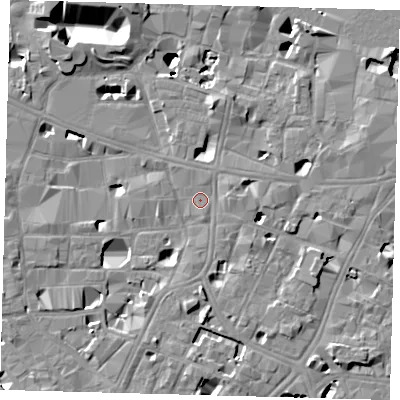 Shaded relief map of the ground around SE10NJ, computed from Environment Agency LiDAR. The ground here sits at about 4 m above sea level and falls 14 m across the surrounding 800 m. Surface water reaching this point runs off ground lying to the south-east, 6.0 m higher.