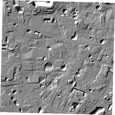 Shaded relief map of the ground around SE10NL, computed from Environment Agency LiDAR. The ground here sits at about 3 m above sea level and falls 14 m across the surrounding 800 m. Surface water reaching this point runs off ground lying to the south-east, 5.4 m higher.