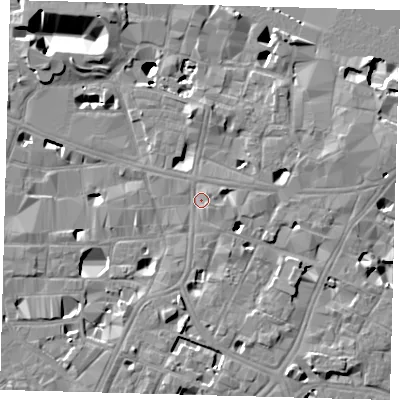 Shaded relief map of the ground around SE10NQ, computed from Environment Agency LiDAR. The ground here sits at about 4 m above sea level and falls 14 m across the surrounding 800 m. Surface water reaching this point runs off ground lying to the south-south-east, 6.0 m higher.