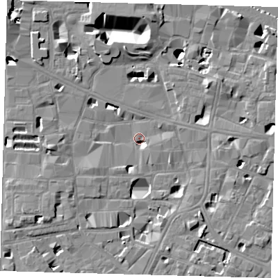 Shaded relief map of the ground around SE10NR, computed from Environment Agency LiDAR. The ground here sits at about 3 m above sea level and falls 16 m across the surrounding 800 m. Surface water reaching this point runs off ground lying to the south-east, 5.6 m higher.