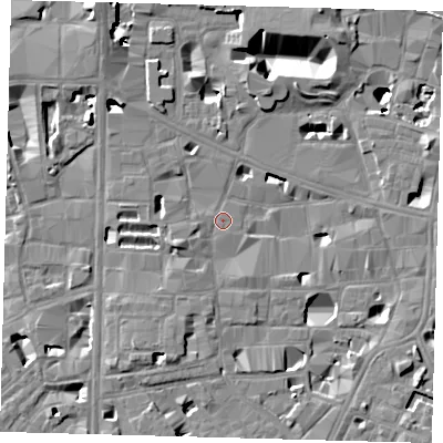 Shaded relief map of the ground around SE10NS, computed from Environment Agency LiDAR. The ground here sits at about 3 m above sea level and falls 16 m across the surrounding 800 m. Surface water reaching this point runs off ground lying to the west-south-west, 5.5 m higher.