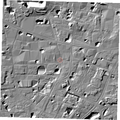 Shaded relief map of the ground around SE10NW, computed from Environment Agency LiDAR. The ground here sits at about 3 m above sea level and falls 14 m across the surrounding 800 m. Surface water reaching this point runs off ground lying to the south-south-east, 5.4 m higher.