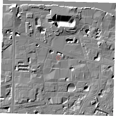 Shaded relief map of the ground around SE10NZ, computed from Environment Agency LiDAR. The ground here sits at about 3 m above sea level and falls 16 m across the surrounding 800 m. Surface water reaching this point runs off ground lying to the south-east, 5.6 m higher.