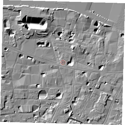 Shaded relief map of the ground around SE10PN, computed from Environment Agency LiDAR. The ground here sits at about 4 m above sea level and falls 14 m across the surrounding 800 m. Surface water reaching this point runs off ground lying to the north-east, 5.3 m higher.