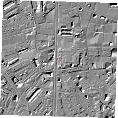 Shaded relief map of the ground around SE10PY, computed from Environment Agency LiDAR. The ground here sits at about 4 m above sea level and falls 7 m across the surrounding 800 m. Surface water reaching this point runs off ground lying to the east-south-east, 2.8 m higher.