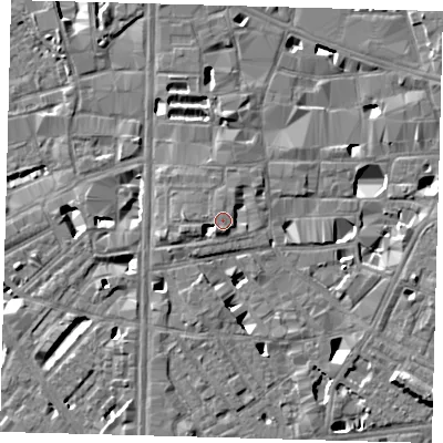 Shaded relief map of the ground around SE10PZ, computed from Environment Agency LiDAR. The ground here sits at about 5 m above sea level and falls 7 m across the surrounding 800 m. Surface water reaching this point runs off ground lying to the south-west, 1.8 m higher.
