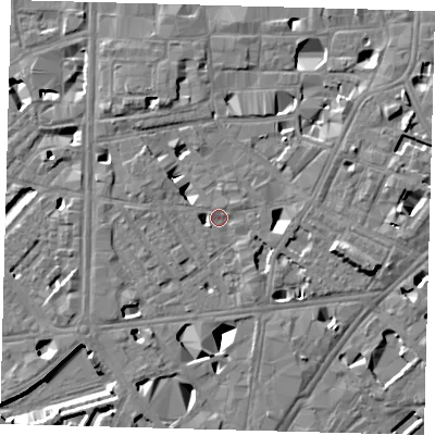 Shaded relief map of the ground around SE10QN, computed from Environment Agency LiDAR. The ground here sits at about 3 m above sea level and falls 11 m across the surrounding 800 m. Surface water reaching this point runs off ground lying to the south-west, 1.4 m higher.