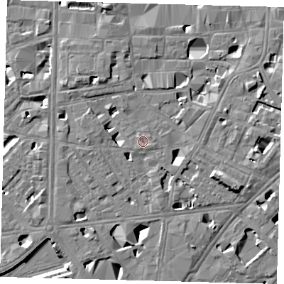 Shaded relief map of the ground around SE10QP, computed from Environment Agency LiDAR. The ground here sits at about 4 m above sea level and falls 11 m across the surrounding 800 m. Surface water reaching this point runs off ground lying to the east-south-east, 0.8 m higher.