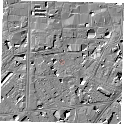Shaded relief map of the ground around SE10QR, computed from Environment Agency LiDAR. The ground here sits at about 4 m above sea level and falls 11 m across the surrounding 800 m. Surface water reaching this point runs off ground lying to the north-west, 5.1 m higher.