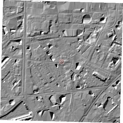 Shaded relief map of the ground around SE10QW, computed from Environment Agency LiDAR. The ground here sits at about 4 m above sea level and falls 11 m across the surrounding 800 m. Surface water reaching this point runs off ground lying to the east, 0.6 m higher.