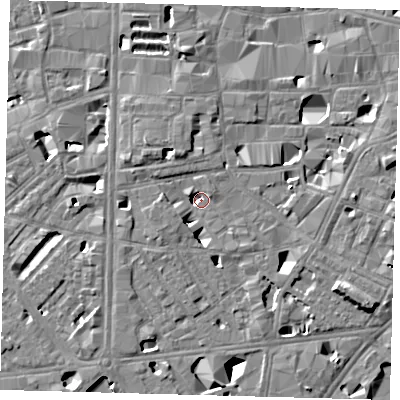 Shaded relief map of the ground around SE10QZ, computed from Environment Agency LiDAR. The ground here sits at about 2 m above sea level and falls 11 m across the surrounding 800 m. Surface water reaching this point runs off ground lying to the north-north-west, 5.1 m higher.