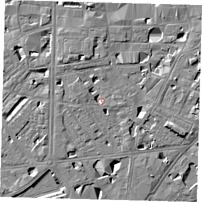 Shaded relief map of the ground around SE10RB, computed from Environment Agency LiDAR. The ground here sits at about 2 m above sea level and falls 11 m across the surrounding 800 m. Surface water reaching this point runs off ground lying to the east, 3.7 m higher.