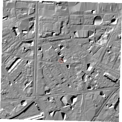 Shaded relief map of the ground around SE10RD, computed from Environment Agency LiDAR. The ground here sits at about 4 m above sea level and falls 11 m across the surrounding 800 m. Surface water reaching this point runs off ground lying to the north, 3.8 m higher.