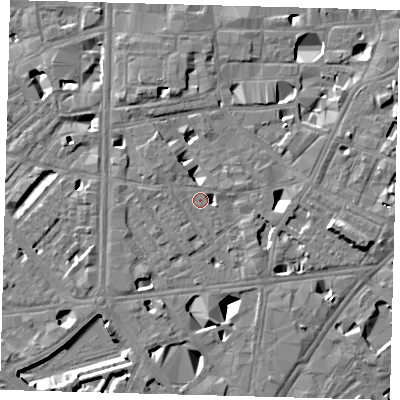 Shaded relief map of the ground around SE10RE, computed from Environment Agency LiDAR. The ground here sits at about 4 m above sea level and falls 11 m across the surrounding 800 m. Surface water reaching this point runs off ground lying to the north-west, 1.1 m higher.