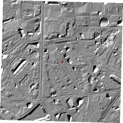 Shaded relief map of the ground around SE10RF, computed from Environment Agency LiDAR. The ground here sits at about 4 m above sea level and falls 11 m across the surrounding 800 m. Surface water reaching this point runs off ground lying to the north-west, 0.7 m higher.