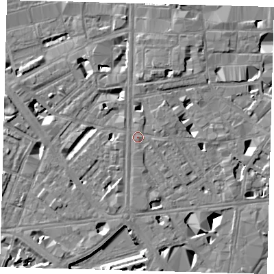 Shaded relief map of the ground around SE10RH, computed from Environment Agency LiDAR. The ground here sits at about 4 m above sea level and falls 10 m across the surrounding 800 m. Surface water reaching this point runs off ground lying to the east-north-east, 3.1 m higher.