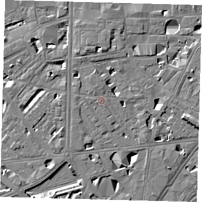 Shaded relief map of the ground around SE10RJ, computed from Environment Agency LiDAR. The ground here sits at about 4 m above sea level and falls 11 m across the surrounding 800 m. Surface water reaching this point runs off ground lying to the north-north-west, 1.0 m higher.