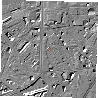 Shaded relief map of the ground around SE10RL, computed from Environment Agency LiDAR. The ground here sits at about 4 m above sea level and falls 10 m across the surrounding 800 m. Surface water reaching this point runs off ground lying to the north-north-west, 0.7 m higher.