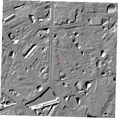 Shaded relief map of the ground around SE10RN, computed from Environment Agency LiDAR. The ground here sits at about 3 m above sea level and falls 10 m across the surrounding 800 m. Surface water reaching this point runs off ground lying to the south-south-west, 3.2 m higher.