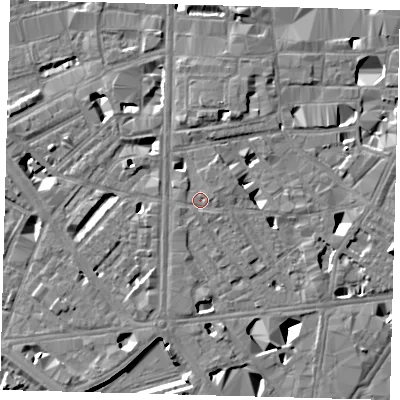 Shaded relief map of the ground around SE10RQ, computed from Environment Agency LiDAR. The ground here sits at about 4 m above sea level and falls 11 m across the surrounding 800 m. Surface water reaching this point runs off ground lying to the east-north-east, 1.0 m higher.