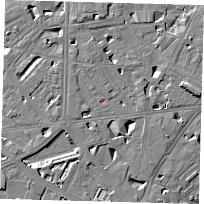 Shaded relief map of the ground around SE10RU, computed from Environment Agency LiDAR. The ground here sits at about 3 m above sea level and falls 11 m across the surrounding 800 m. Surface water reaching this point runs off ground lying to the north, 5.1 m higher.