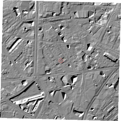 Shaded relief map of the ground around SE10RW, computed from Environment Agency LiDAR. The ground here sits at about 4 m above sea level and falls 11 m across the surrounding 800 m. Surface water reaching this point runs off ground lying to the north, 5.1 m higher.