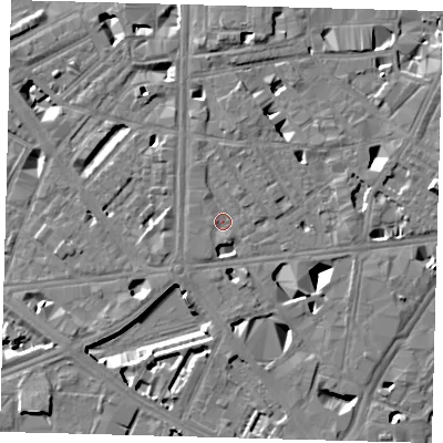 Shaded relief map of the ground around SE10RX, computed from Environment Agency LiDAR. The ground here sits at about 3 m above sea level and falls 11 m across the surrounding 800 m. Surface water reaching this point runs off ground lying to the south-west, 3.2 m higher.