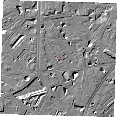 Shaded relief map of the ground around SE10RY, computed from Environment Agency LiDAR. The ground here sits at about 4 m above sea level and falls 11 m across the surrounding 800 m. Surface water reaching this point runs off ground lying to the north, 5.1 m higher.