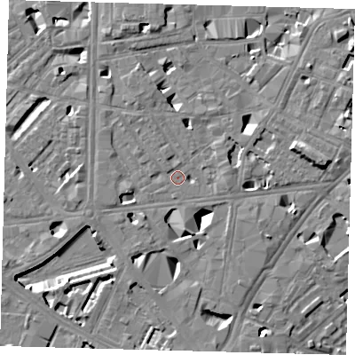 Shaded relief map of the ground around SE10RZ, computed from Environment Agency LiDAR. The ground here sits at about 3 m above sea level and falls 11 m across the surrounding 800 m. Surface water reaching this point runs off ground lying to the north, 5.1 m higher.
