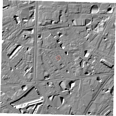 Shaded relief map of the ground around SE10SB, computed from Environment Agency LiDAR. The ground here sits at about 4 m above sea level and falls 11 m across the surrounding 800 m. Surface water reaching this point runs off ground lying to the north-north-west, 1.2 m higher.