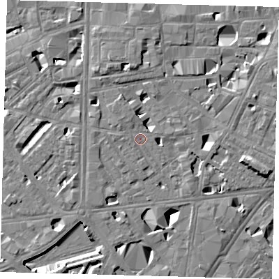 Shaded relief map of the ground around SE10SD, computed from Environment Agency LiDAR. The ground here sits at about 4 m above sea level and falls 11 m across the surrounding 800 m. Surface water reaching this point runs off ground lying to the north-north-west, 1.1 m higher.