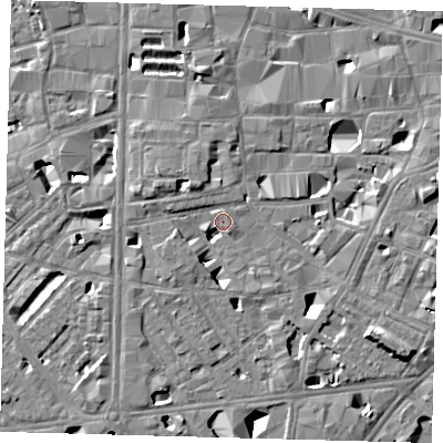 Shaded relief map of the ground around SE10SH, computed from Environment Agency LiDAR. The ground here sits at about 4 m above sea level and falls 11 m across the surrounding 800 m. Surface water reaching this point runs off ground lying to the north-west, 5.1 m higher.