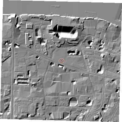 Shaded relief map of the ground around SE10SW, computed from Environment Agency LiDAR. The ground here sits at about 3 m above sea level and falls 16 m across the surrounding 800 m. Surface water reaching this point runs off ground lying to the north-west, 14.5 m higher.
