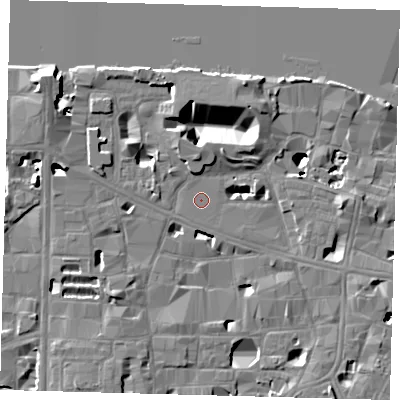 Shaded relief map of the ground around SE10TA, computed from Environment Agency LiDAR. The ground here sits at about 3 m above sea level and falls 16 m across the surrounding 800 m. The ground contributing surface water to this point lies to the east-south-east.