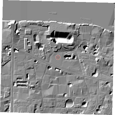 Shaded relief map of the ground around SE10TF, computed from Environment Agency LiDAR. The ground here sits at about 3 m above sea level and falls 16 m across the surrounding 800 m. The ground contributing surface water to this point lies to the north-west.
