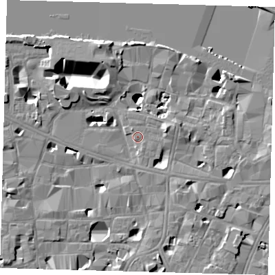 Shaded relief map of the ground around SE10TG, computed from Environment Agency LiDAR. The ground here sits at about 4 m above sea level and falls 14 m across the surrounding 800 m. Surface water reaching this point runs off ground lying to the east-north-east, 5.3 m higher.