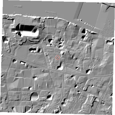Shaded relief map of the ground around SE10TH, computed from Environment Agency LiDAR. The ground here sits at about 4 m above sea level and falls 14 m across the surrounding 800 m. Surface water reaching this point runs off ground lying to the north-east, 2.3 m higher.