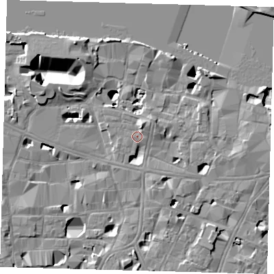 Shaded relief map of the ground around SE10TJ, computed from Environment Agency LiDAR. The ground here sits at about 4 m above sea level and falls 14 m across the surrounding 800 m. Surface water reaching this point runs off ground lying to the north-north-east, 2.3 m higher.