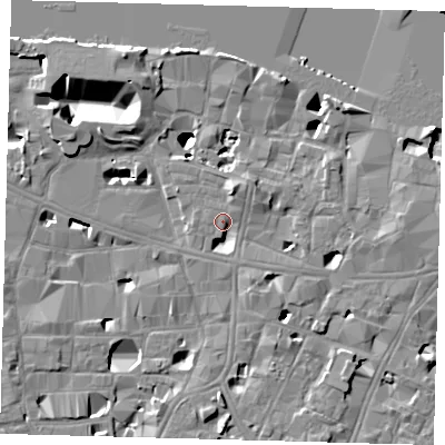 Shaded relief map of the ground around SE10TL, computed from Environment Agency LiDAR. The ground here sits at about 4 m above sea level and falls 14 m across the surrounding 800 m. Surface water reaching this point runs off ground lying to the south, 3.5 m higher.