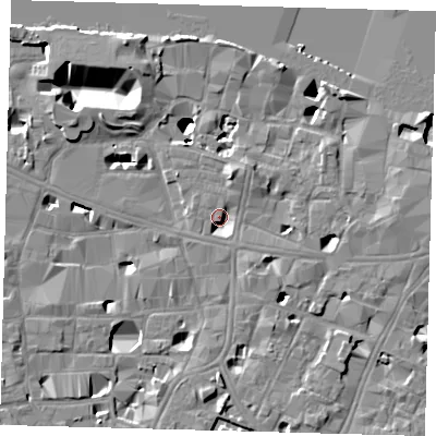 Shaded relief map of the ground around SE10TN, computed from Environment Agency LiDAR. The ground here sits at about 4 m above sea level and falls 14 m across the surrounding 800 m. Surface water reaching this point runs off ground lying to the north-north-east, 5.3 m higher.