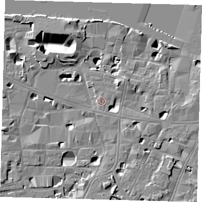 Shaded relief map of the ground around SE10TP, computed from Environment Agency LiDAR. The ground here sits at about 4 m above sea level and falls 14 m across the surrounding 800 m. Surface water reaching this point runs off ground lying to the north-east, 5.3 m higher.