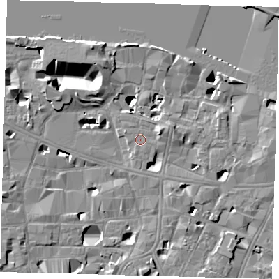 Shaded relief map of the ground around SE10TQ, computed from Environment Agency LiDAR. The ground here sits at about 4 m above sea level and falls 14 m across the surrounding 800 m. Surface water reaching this point runs off ground lying to the east-north-east, 2.3 m higher.