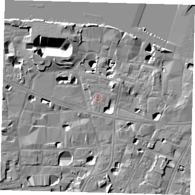 Shaded relief map of the ground around SE10TR, computed from Environment Agency LiDAR. The ground here sits at about 4 m above sea level and falls 14 m across the surrounding 800 m. Surface water reaching this point runs off ground lying to the east, 0.6 m higher.