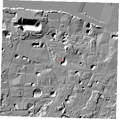 Shaded relief map of the ground around SE10TW, computed from Environment Agency LiDAR. The ground here sits at about 4 m above sea level and falls 14 m across the surrounding 800 m. The ground contributing surface water to this point lies to the north-north-east.