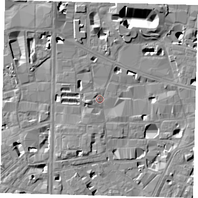 Shaded relief map of the ground around SE10UE, computed from Environment Agency LiDAR. The ground here sits at about 3 m above sea level and falls 15 m across the surrounding 800 m. Surface water reaching this point runs off ground lying to the west-south-west, 5.5 m higher.