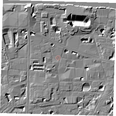 Shaded relief map of the ground around SE10UG, computed from Environment Agency LiDAR. The ground here sits at about 3 m above sea level and falls 16 m across the surrounding 800 m. Surface water reaching this point runs off ground lying to the south-west, 5.5 m higher.