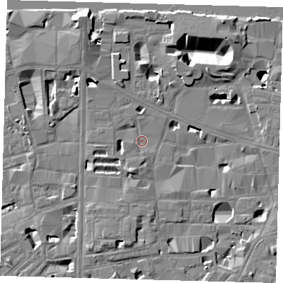 Shaded relief map of the ground around SE10UH, computed from Environment Agency LiDAR. The ground here sits at about 3 m above sea level and falls 16 m across the surrounding 800 m. Surface water reaching this point runs off ground lying to the south-south-west, 2.8 m higher.