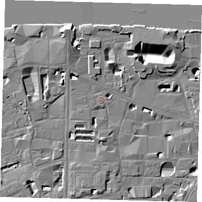 Shaded relief map of the ground around SE10UJ, computed from Environment Agency LiDAR. The ground here sits at about 4 m above sea level and falls 16 m across the surrounding 800 m. The ground contributing surface water to this point lies to the west-south-west.